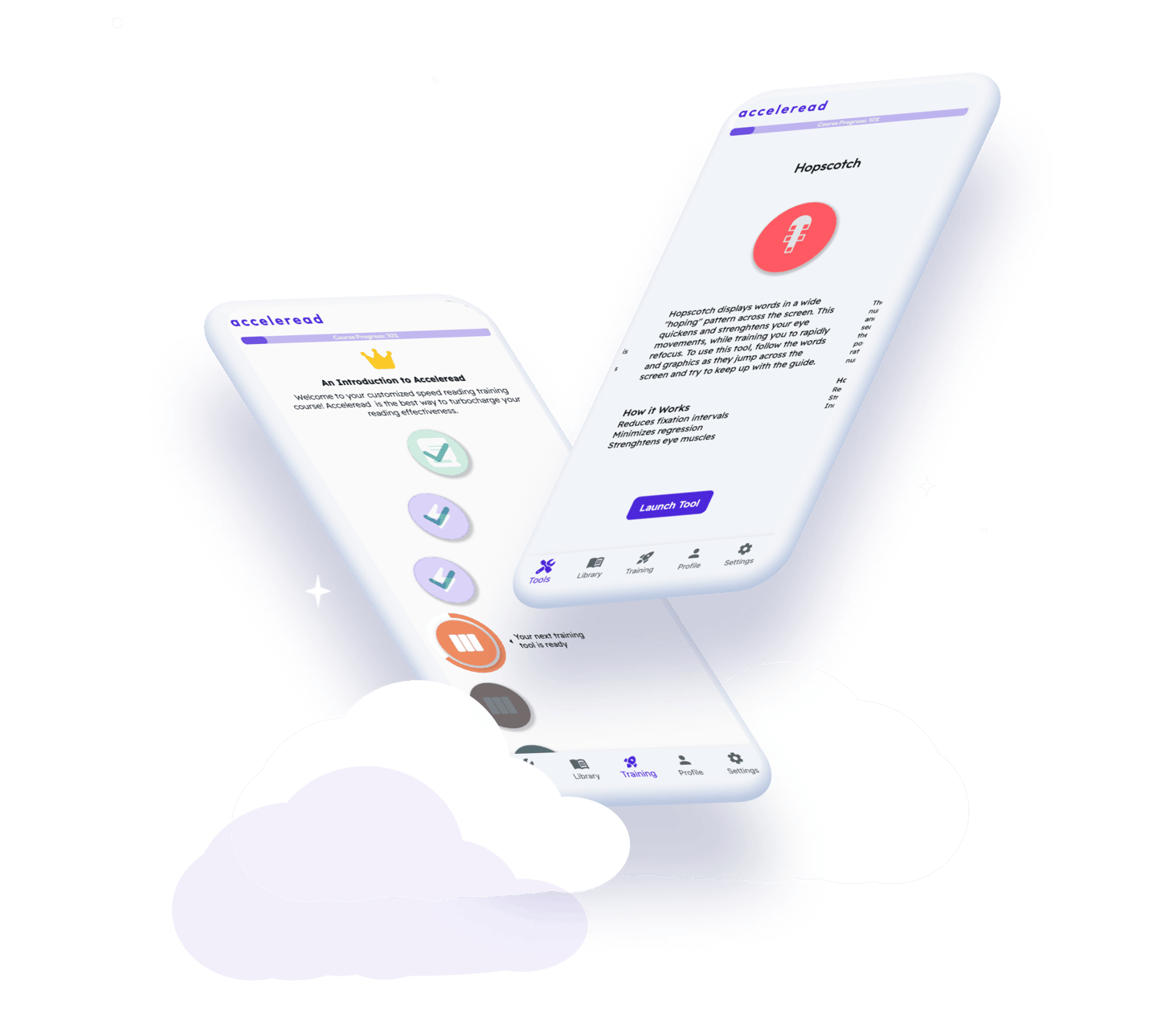 Acceleread app training screens on a phone